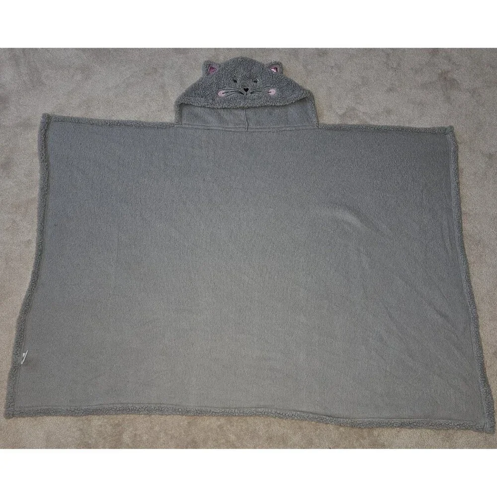 Silver One Gray Kitty Cat Hooded Blanket Soft Sherpa 39x53 Youth Boy Girl